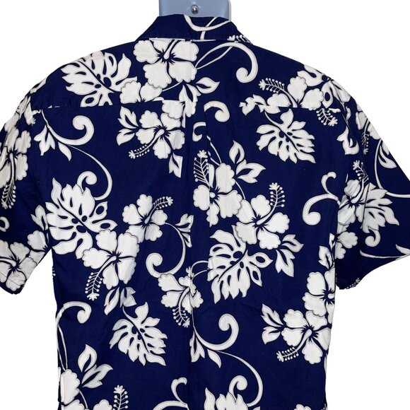 Retro Hilo Hattie Hawaiian Shirt Mens M Floral Plumeria Leaf Aloha Beach Blue - Picture 7 of 10